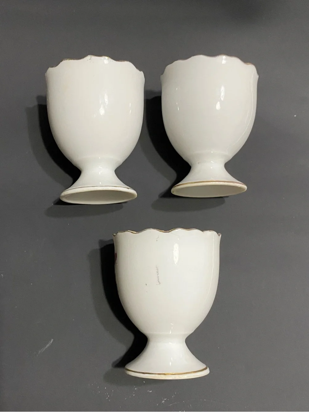 3 Vintage Egg Cups Porcelain white with Pink Roses Scalloped Gold Trim